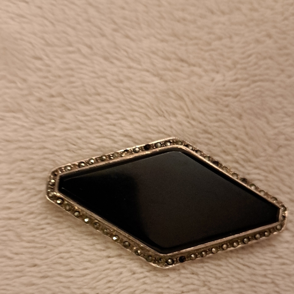 Sterling And Black Onzx And Marcacite Lapel Pin